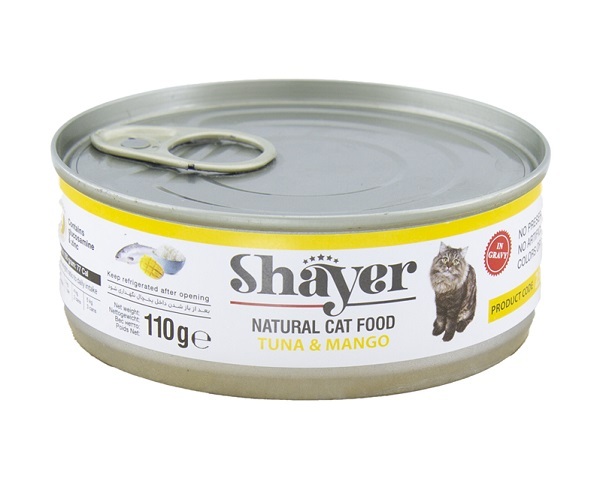 کنسرو غذای گربه شایر با طعم ماهی تن و انبه در سس گوشت وزن 110 گرم